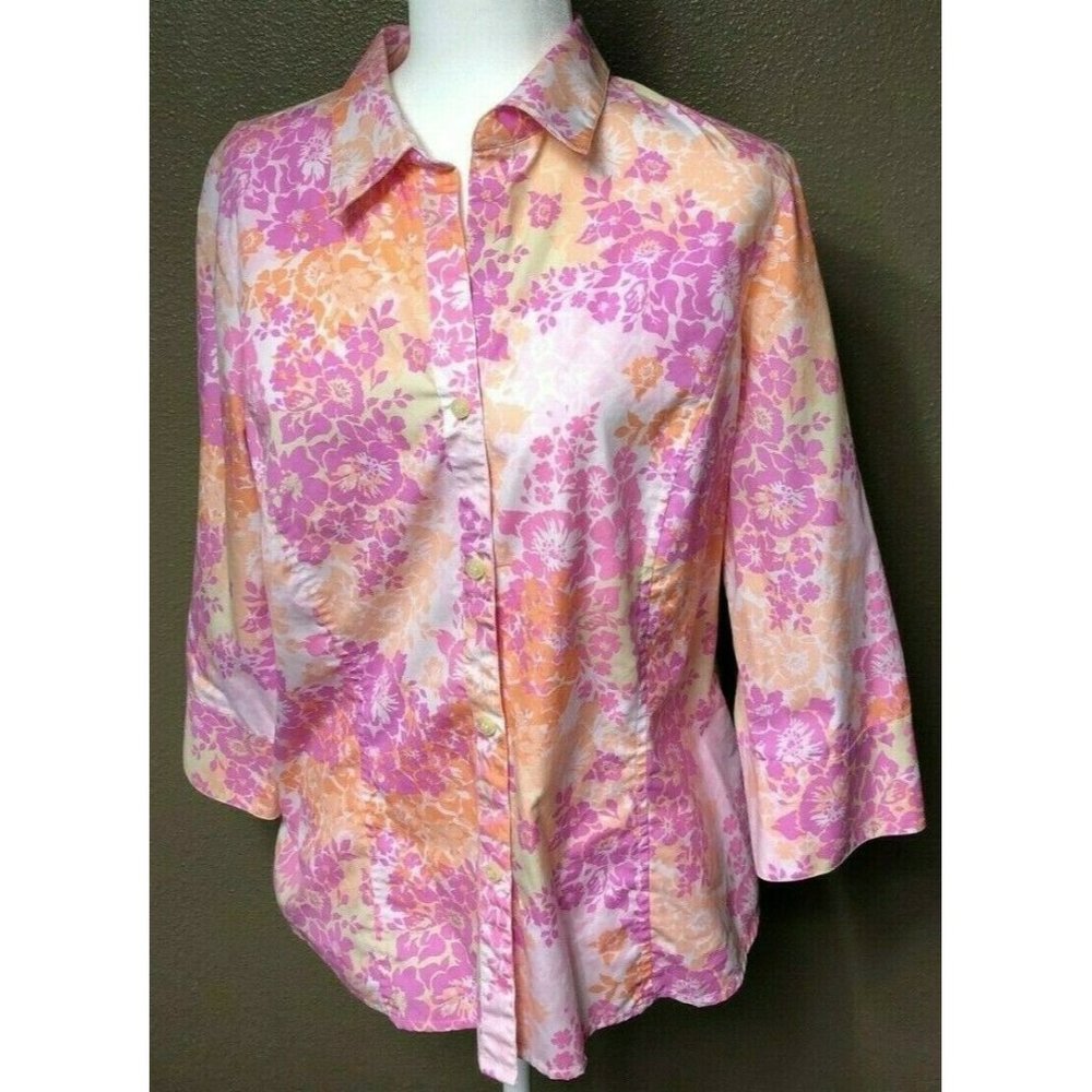 Liz Claiborne Womens Size 12 Pink Peach Floral Button Down Collared Blouse